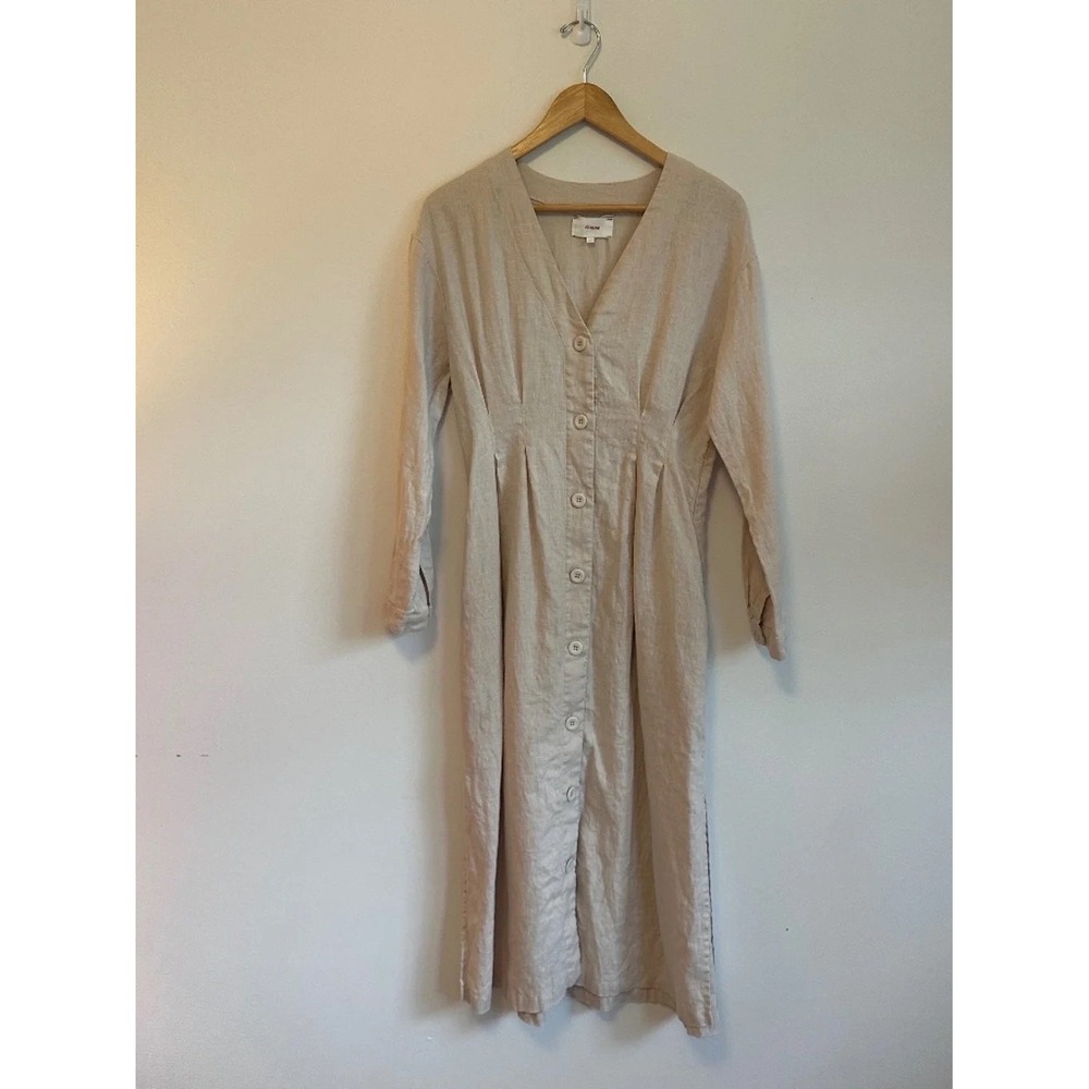 Xirena Linen Blend Pleated Waist Button Down Midi Dress in Oatmeal Beige | XS